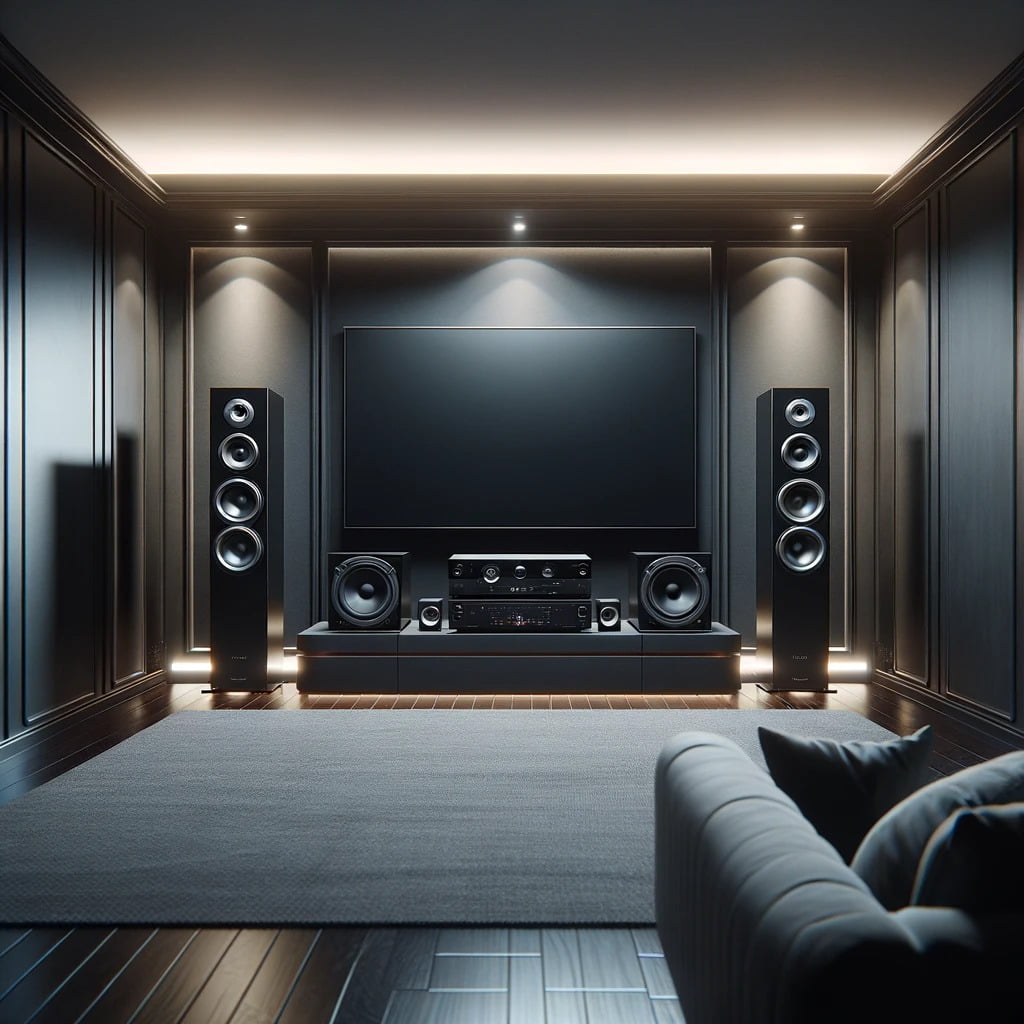 DALL·E 2023-12-02 12.20.12 - A hyperrealistic image of a high-end media room with a focus on speakers. The room has modern interior design, featuring sleek, dark-colored walls and