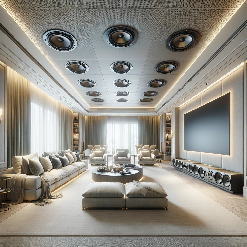 DALL·E 2023-12-02 12.21.21 - A hyperrealistic image of a luxurious media room with a focus on in-ceiling speakers. The room is elegantly designed, featuring light-colored walls an