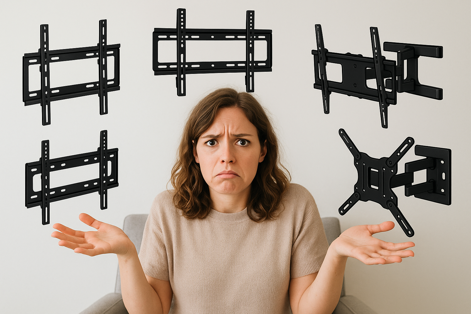 confused woman surrounded by different types of TV mounts